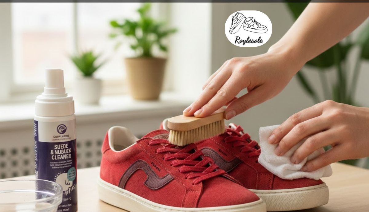 cleaning red suede sneakers using a suede brush